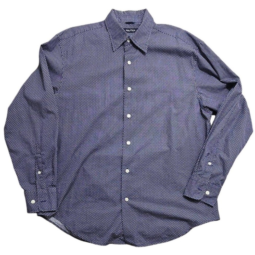 Nautica Mens Blue White Polka Dot Long Sleeve Button Down Shirt Medium VDR 711